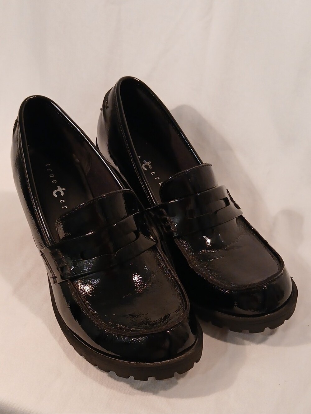 True Craft Women's Black Patent Penny Loafers with Chunky Lug Heel